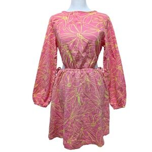NWT Pink Yellow Floral Linen Blend Cut Out Summer Tropical Beach Mini Dress XS